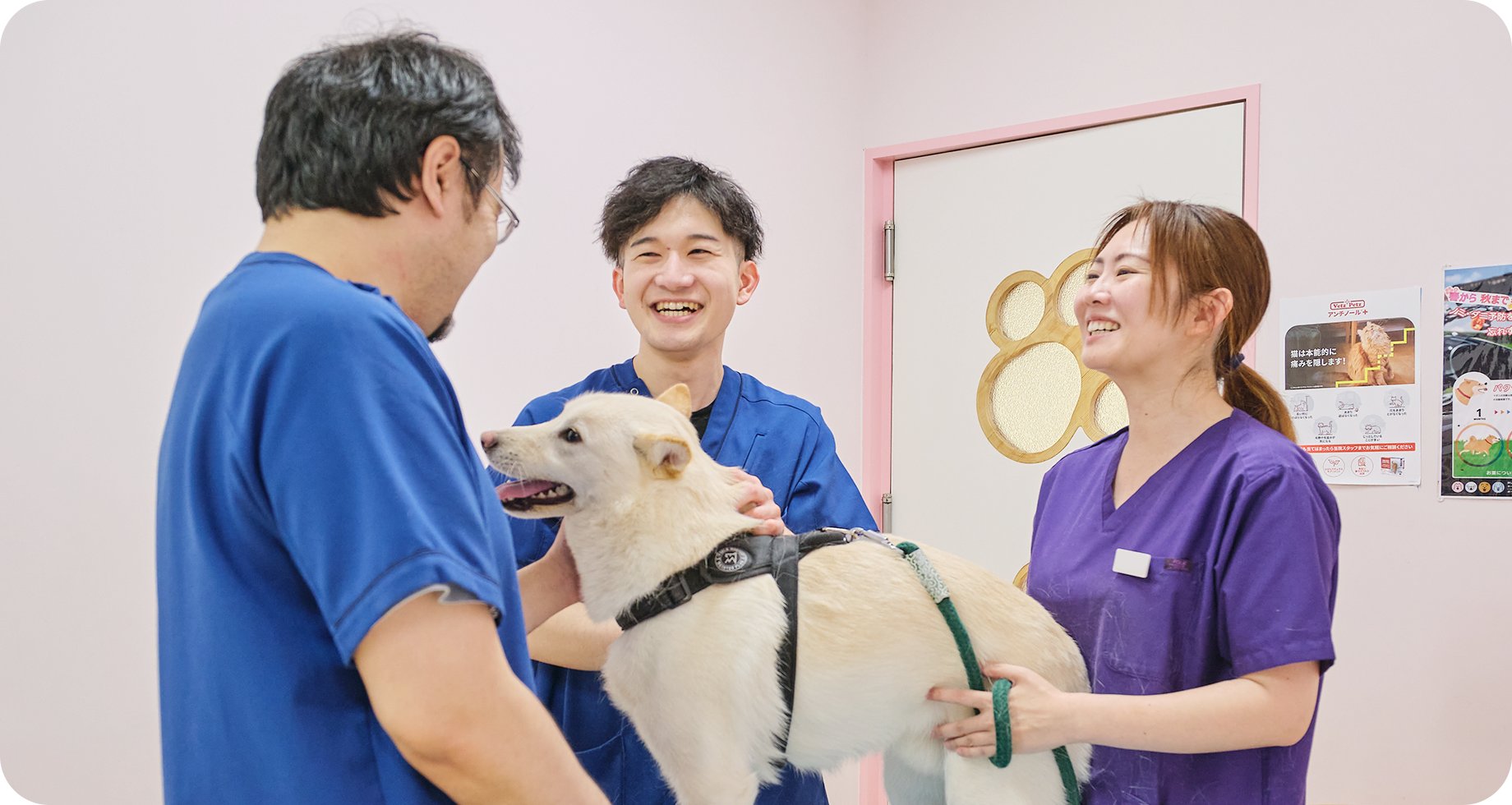 犬を囲む獣医師とスタッフ